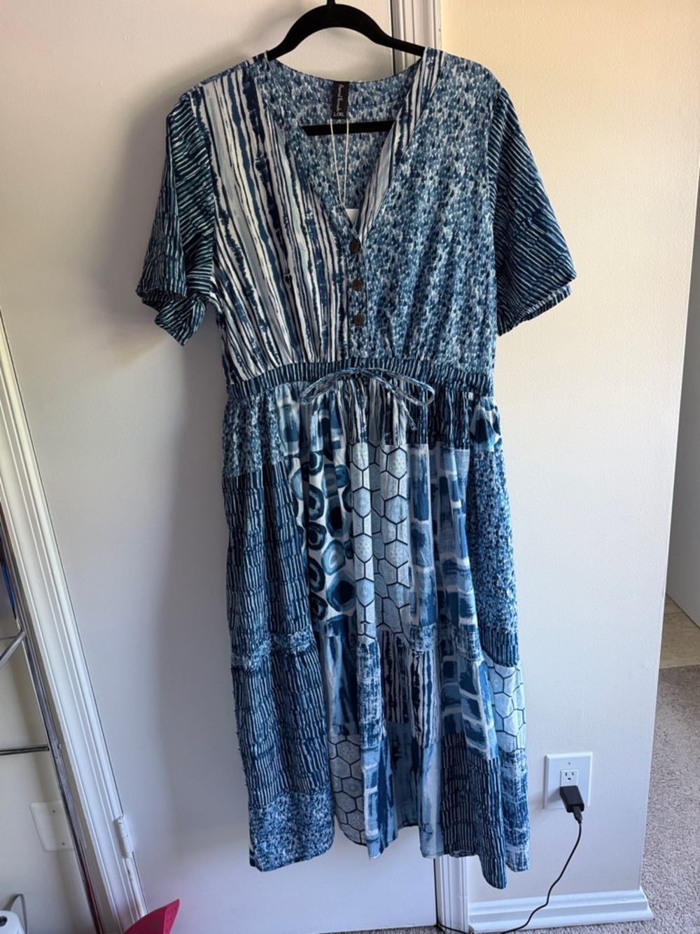 Sacred Threads Blue Patchwork Midi Dress with Tie-Waist